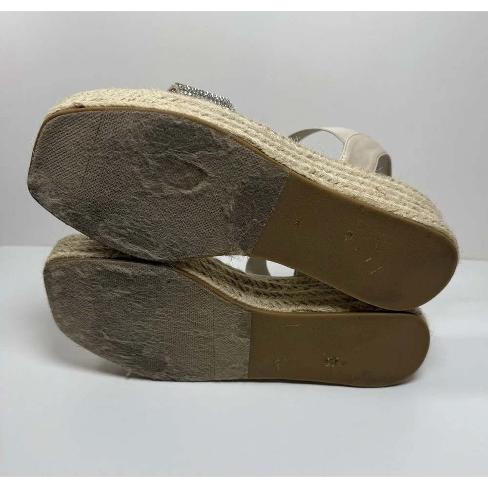 Anne Klein Rhinestone Espadrille Wedge Strappy Sandals Beige Silver Women 7.5M